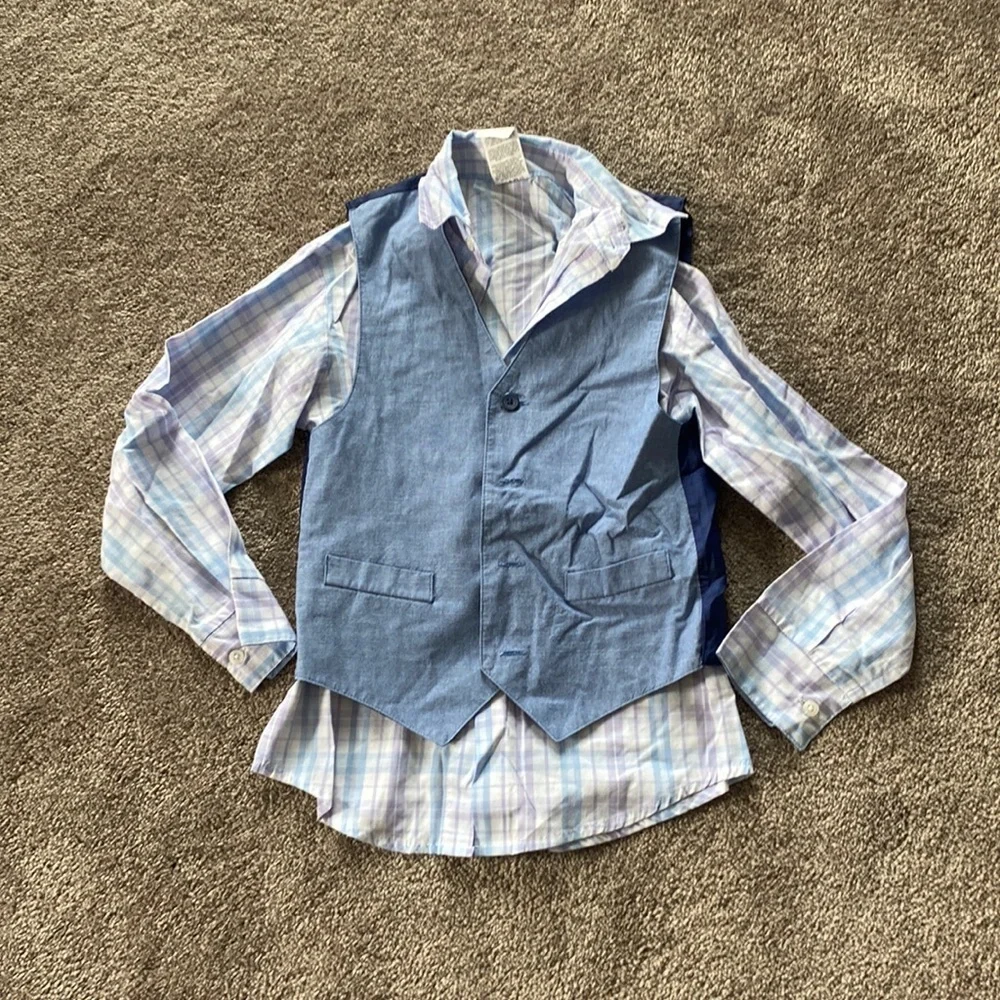 Van Heusen Blue Plaid Shirt Vest Dress Pants 3 Piece Suit Set SIZE 8